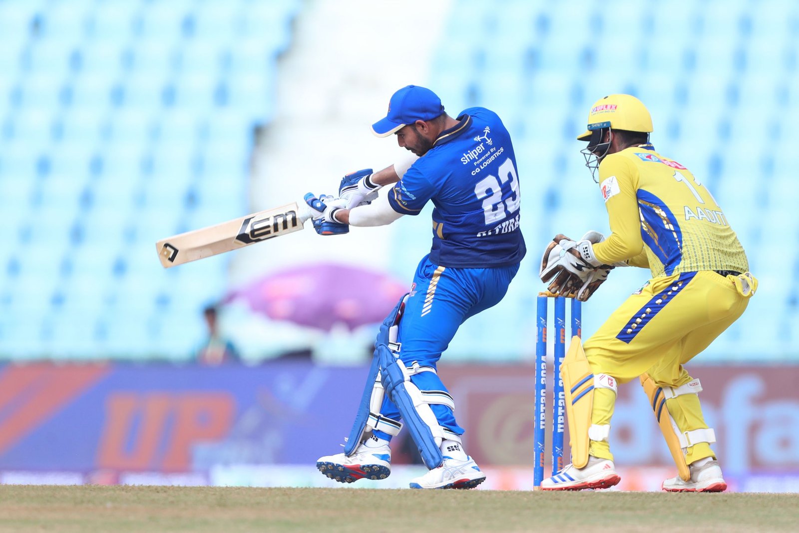 Rituraj Sharma of Meerut Mavericks play a shot during match 24 of the UPT20 League season 2 between Meerut Mavericks and Noida Kings held at the Bharat Ratna Shri Atal Bihari Vajpayee Ekana Cricket Stadium, Lucknow on the 6th September 2024.    Photo by Arjun Singh / Aceimages.in for UPT20