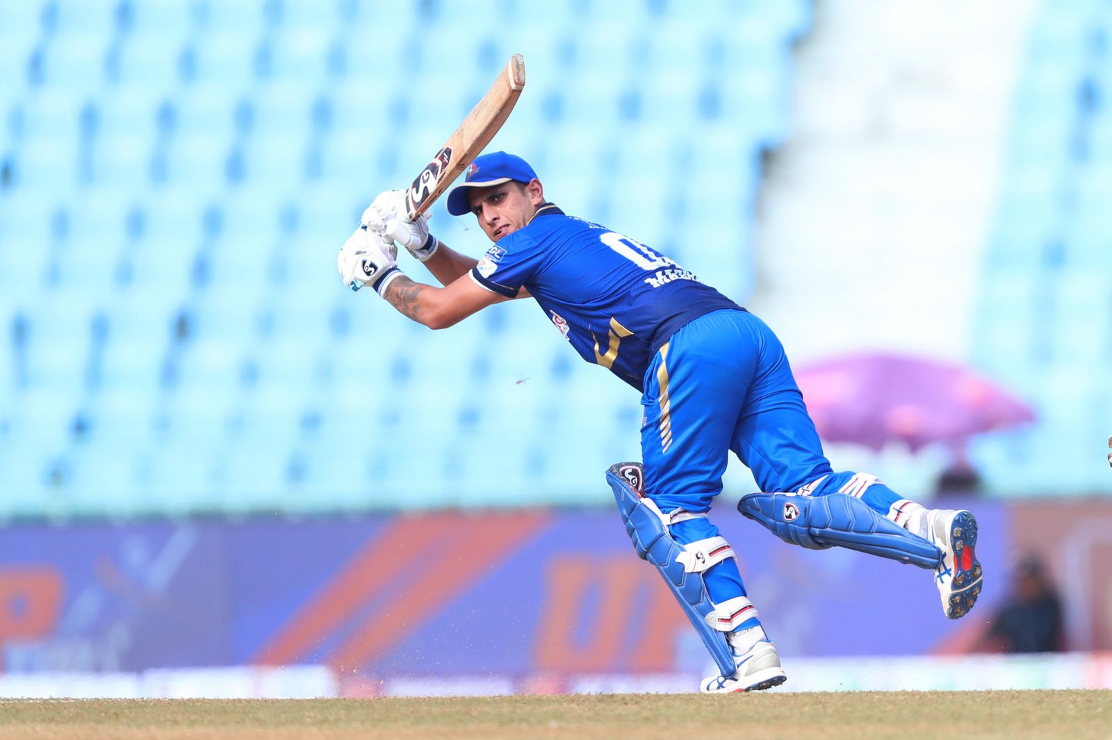 Madhav Kaushik of Meerut Mavericks play a shot during match 24 of the UPT20 League season 2 between Meerut Mavericks and Noida Kings held at the Bharat Ratna Shri Atal Bihari Vajpayee Ekana Cricket Stadium, Lucknow on the 6th September 2024.    Photo by Arjun Singh / Aceimages.in for UPT20