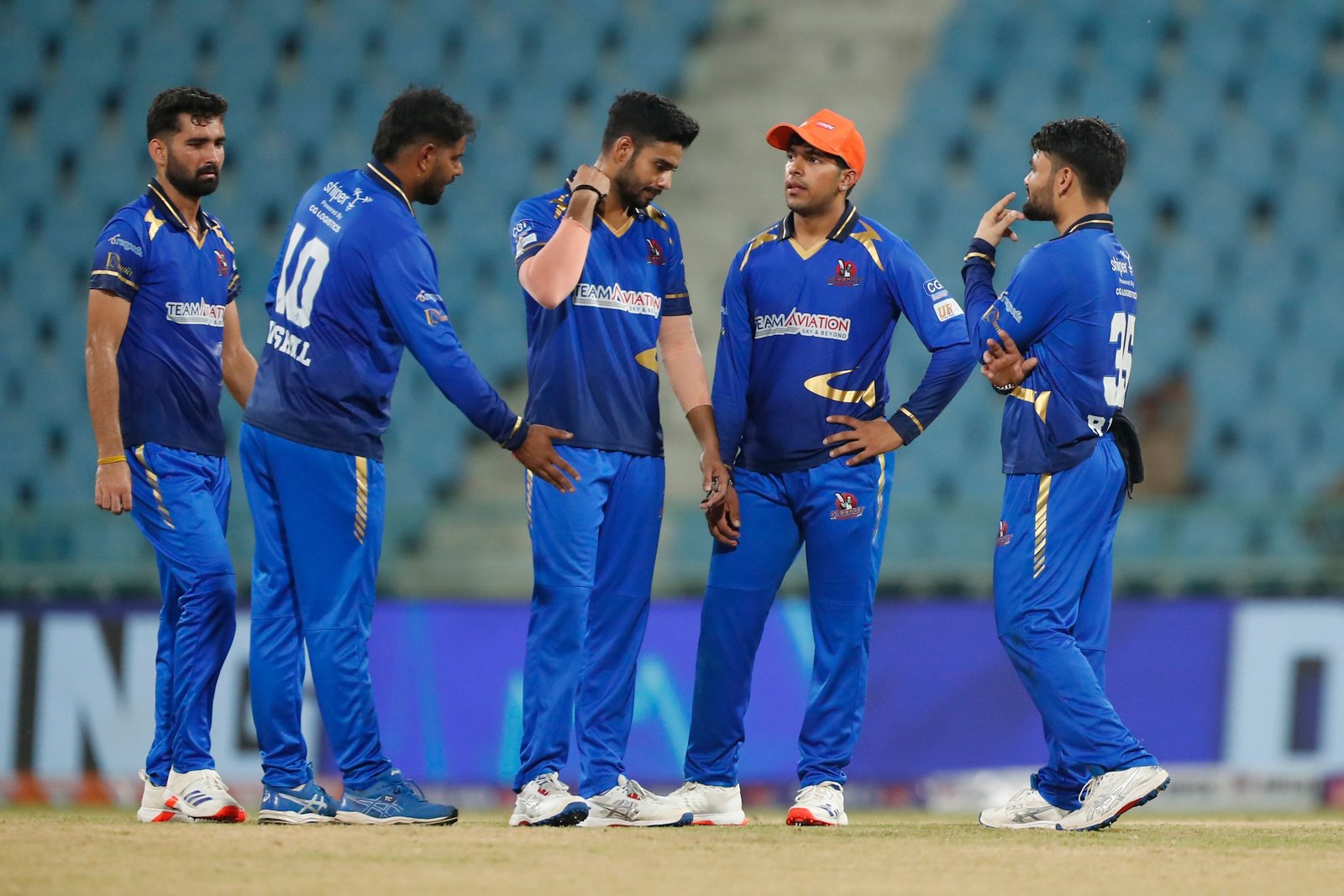 Meerut Mavericks players during match 27 of the UPT20 League season 2 between Meerut Mavericks and Gorakhpur Lions held at the Bharat Ratna Shri Atal Bihari Vajpayee Ekana Cricket Stadium, Lucknow on the 7th September 2024.

Photo by Arjun Singh / Aceimages.in for UPT20