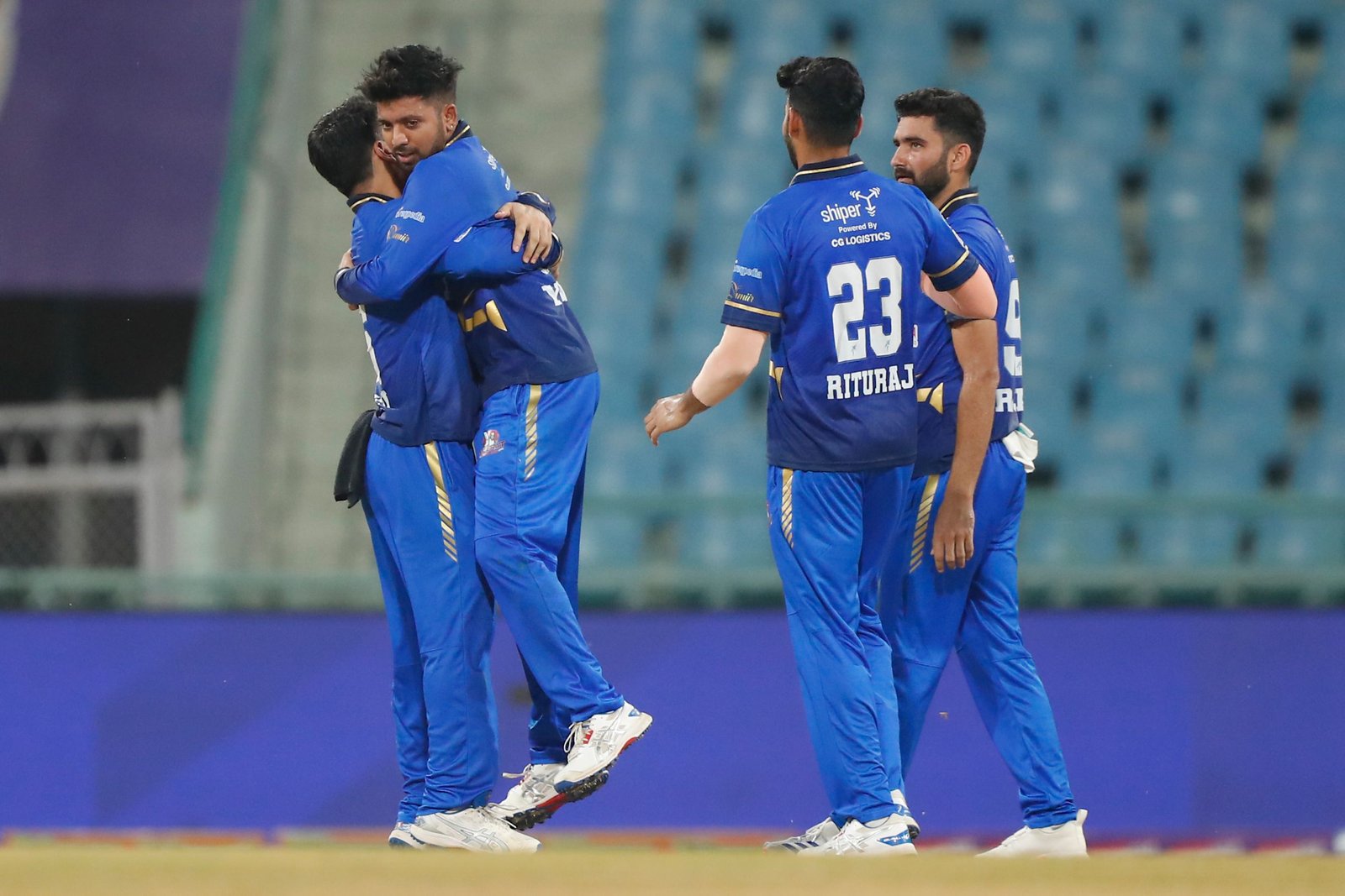 Yash Garg of Meerut Mavericks celebrate the wicket with players during match 27 of the UPT20 League season 2 between Meerut Mavericks and Gorakhpur Lions held at the Bharat Ratna Shri Atal Bihari Vajpayee Ekana Cricket Stadium, Lucknow on the 7th September 2024.

Photo by Arjun Singh / Aceimages.in for UPT20